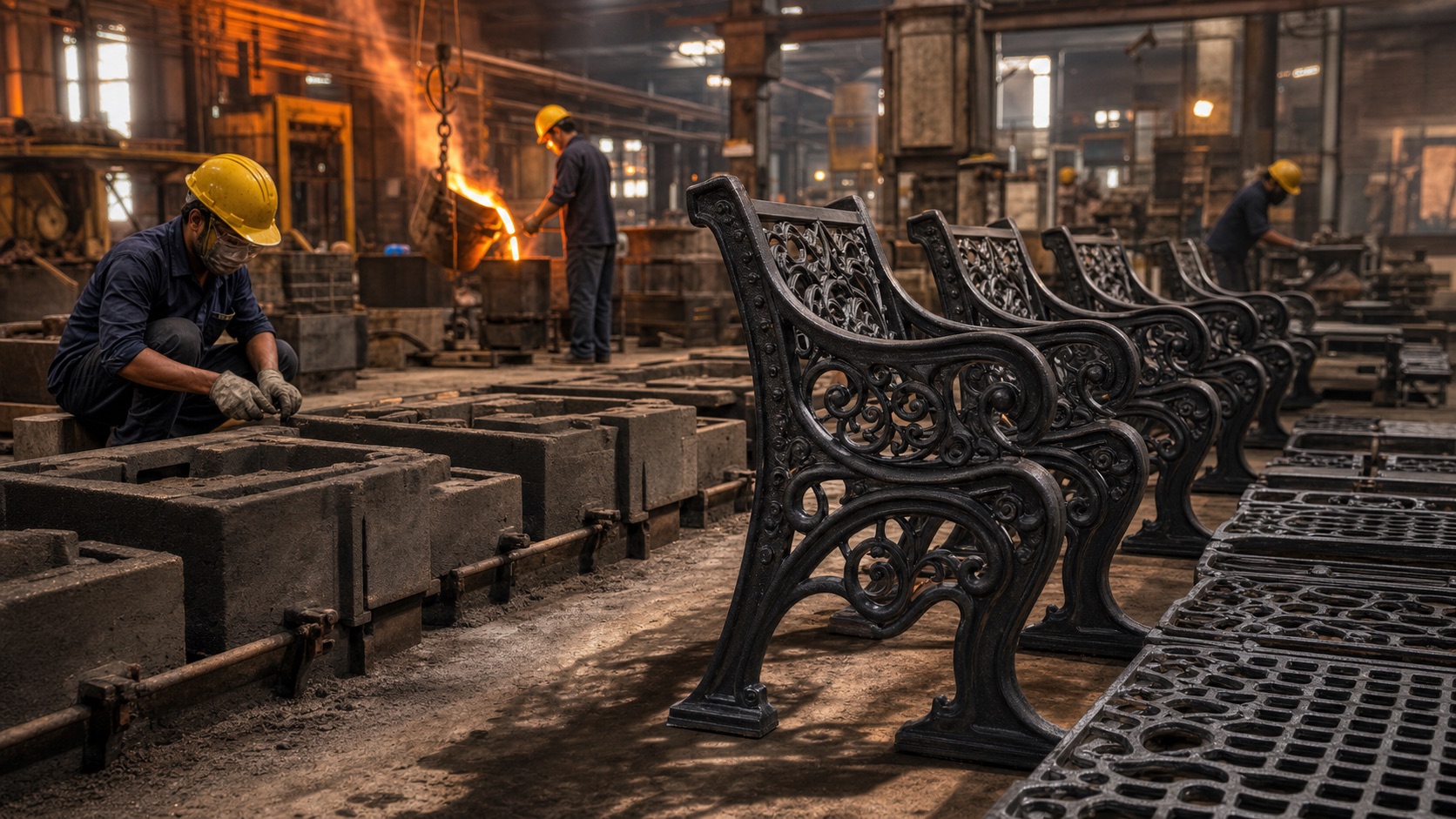 Cast iron bench parts being made in a foundry workshop with molds and finishing activity