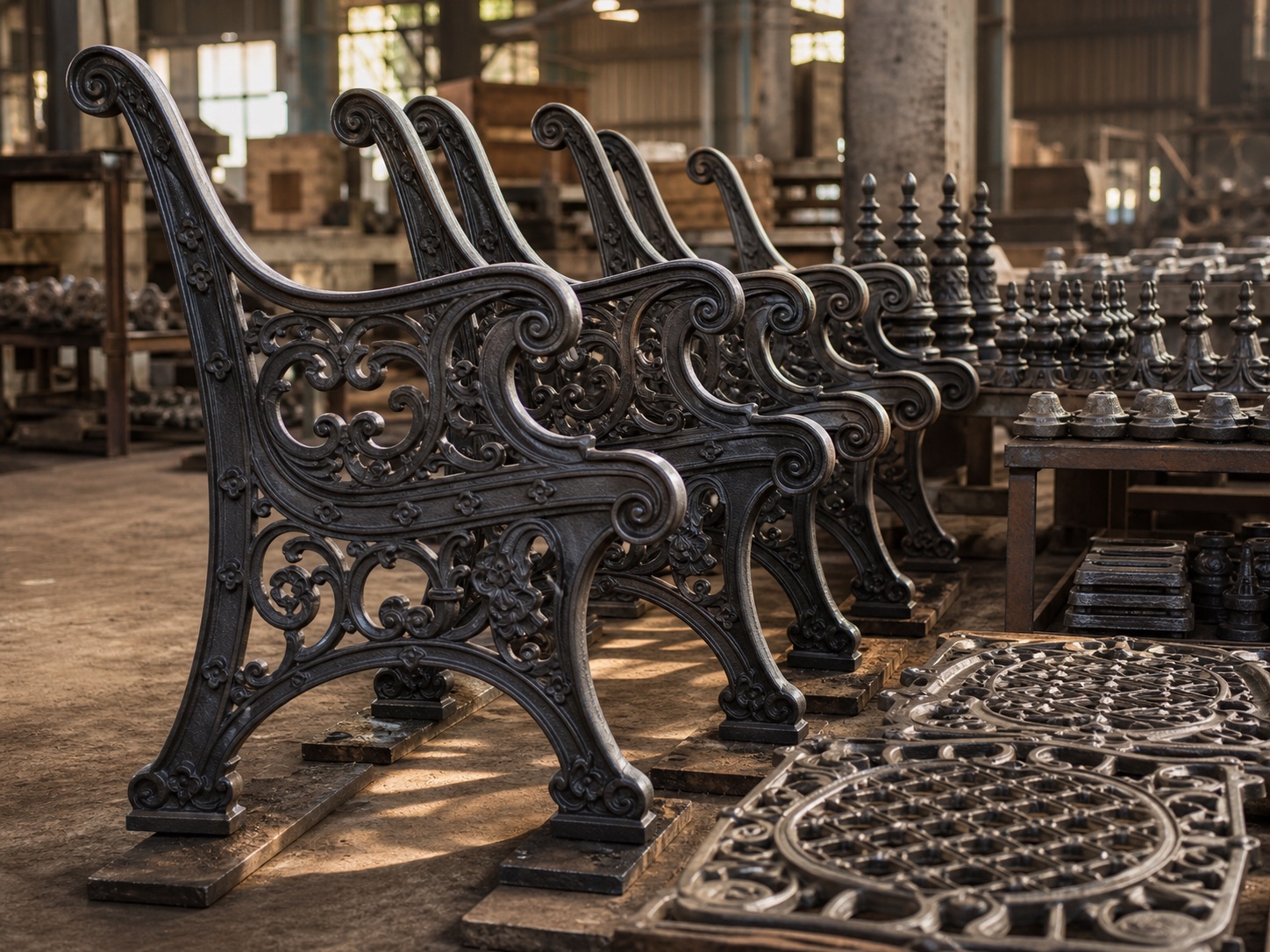 Decorative cast iron components arranged in a factory before finishing