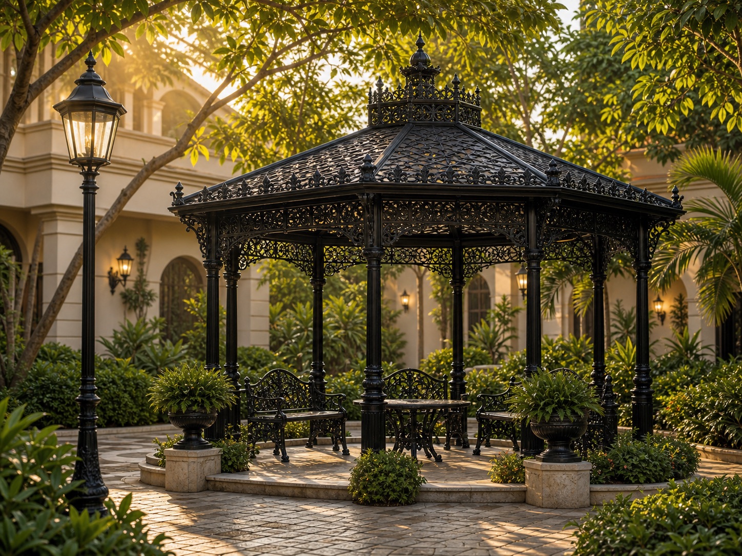 Decorative cast iron gazebo installed in a landscaped garden courtyard