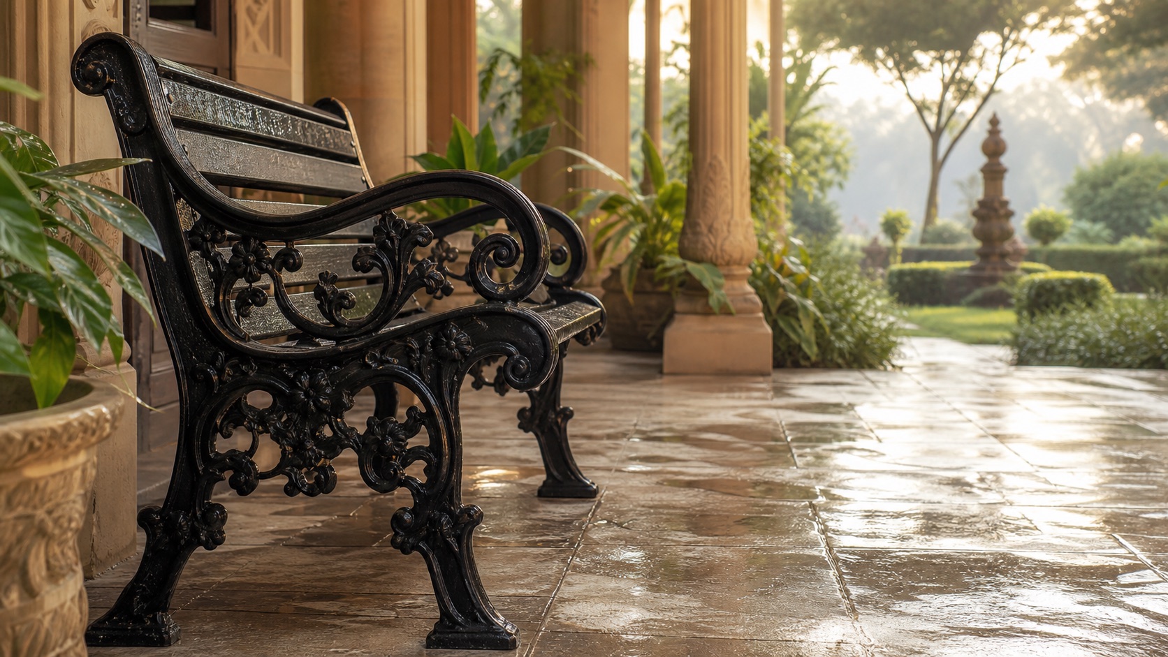 Ornate black cast iron bench detail in a premium heritage garden veranda