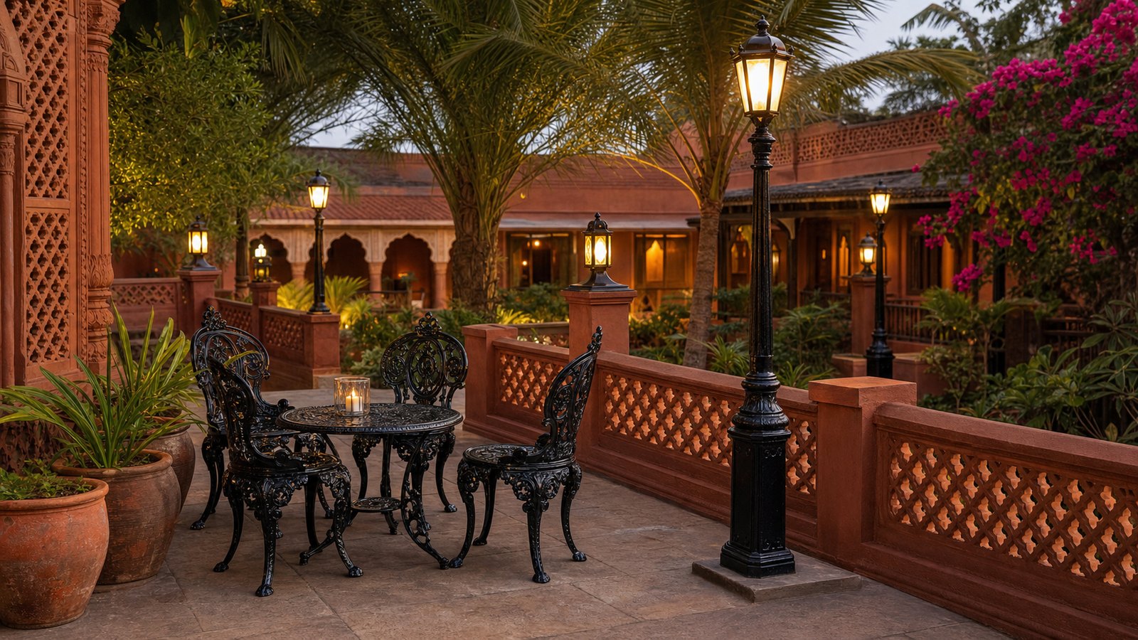 Black cast iron garden chairs, table and lamp posts in a warm Indian resort courtyard