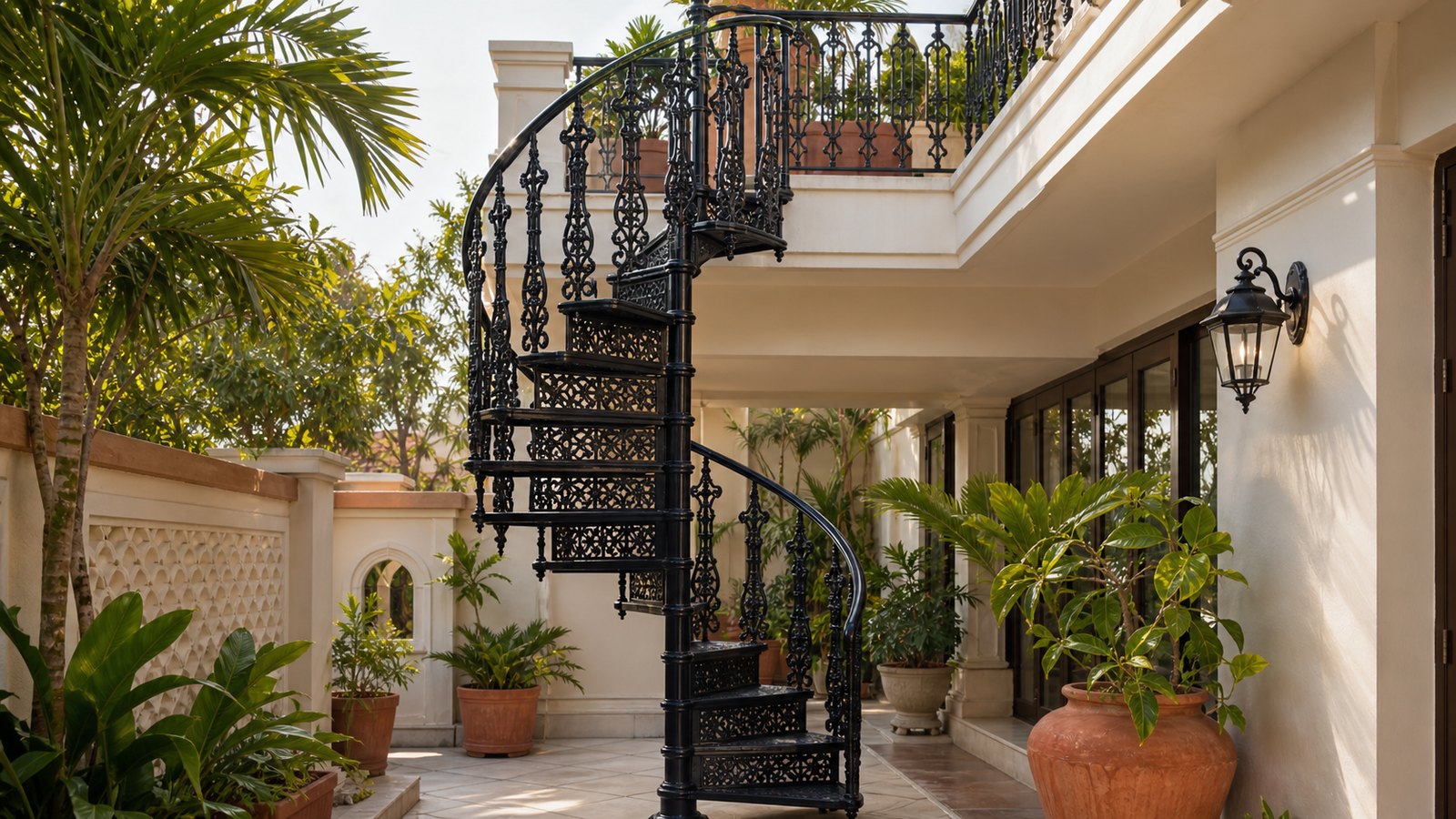 Designer black cast iron spiral staircase installed in an Indian villa courtyard