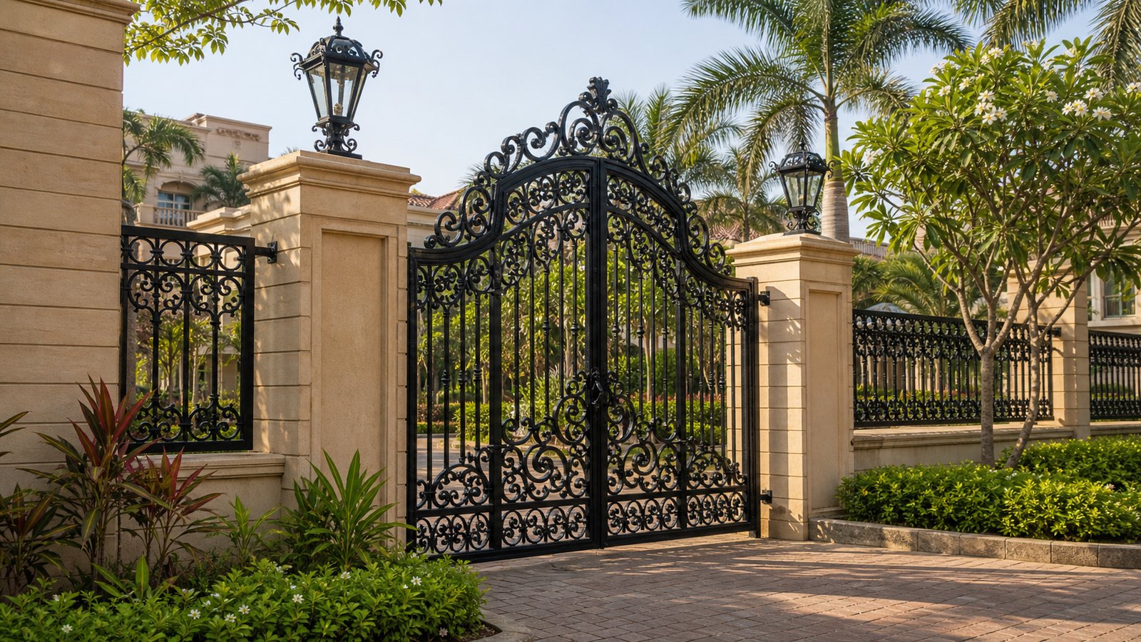 Ornate black cast iron gate and matching railings at an Indian villa community entrance