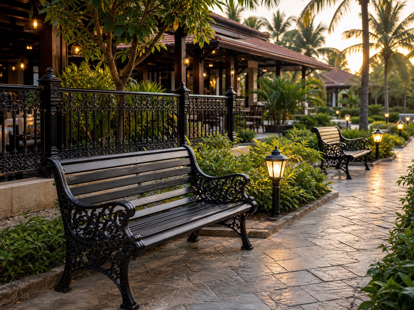 Outdoor cast iron benches, railing and garden lights in a resort courtyard